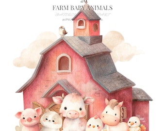 Cute Farm Baby Animals Clipart Watercolor Barnyard Baby Cow Pig Lamb Goat Horse Chicken PNG Farm Nursery Art Baby Shower Digital Download
