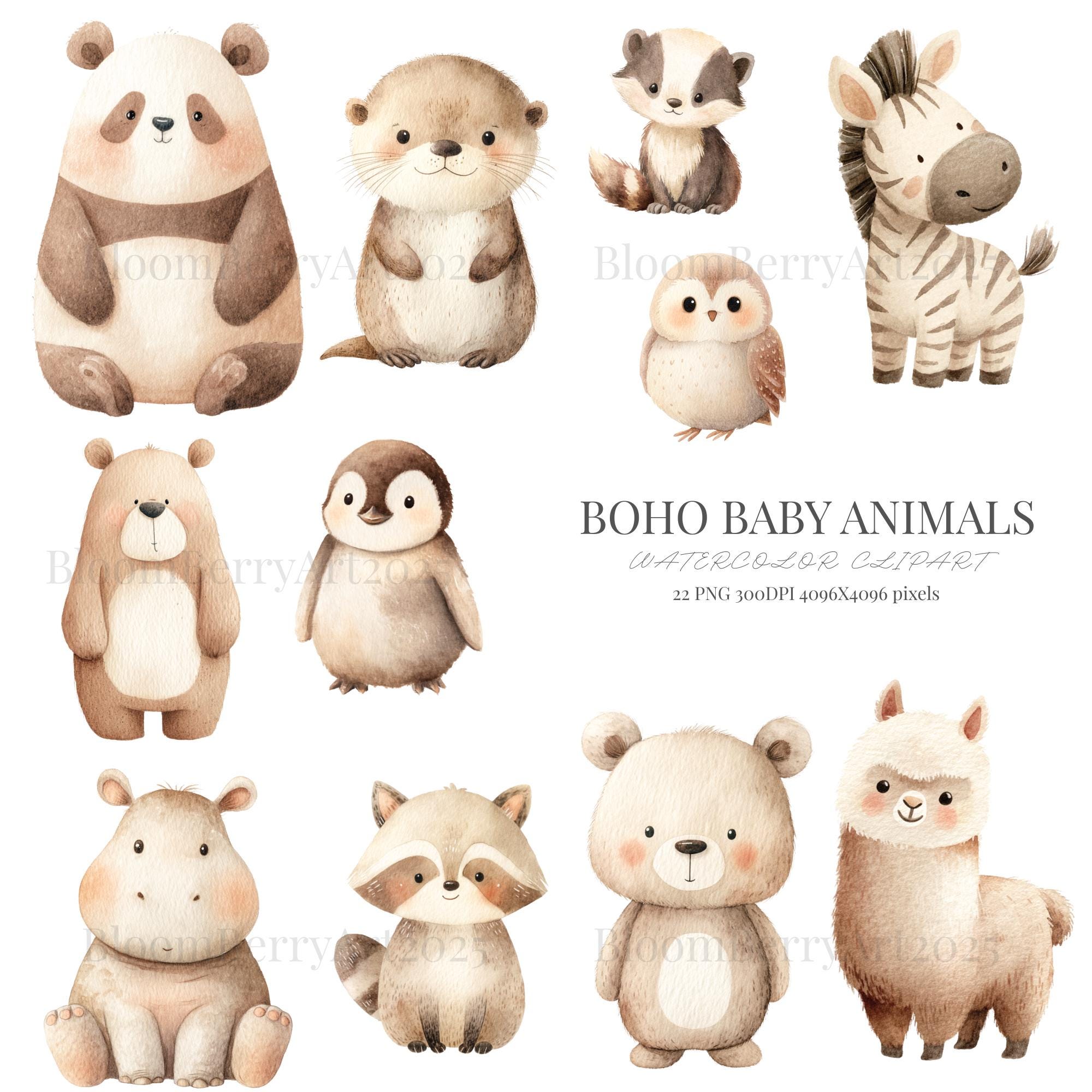 Boho Baby Animals Clipart Neutral Watercolor PNG Set Woodland Safari ...
