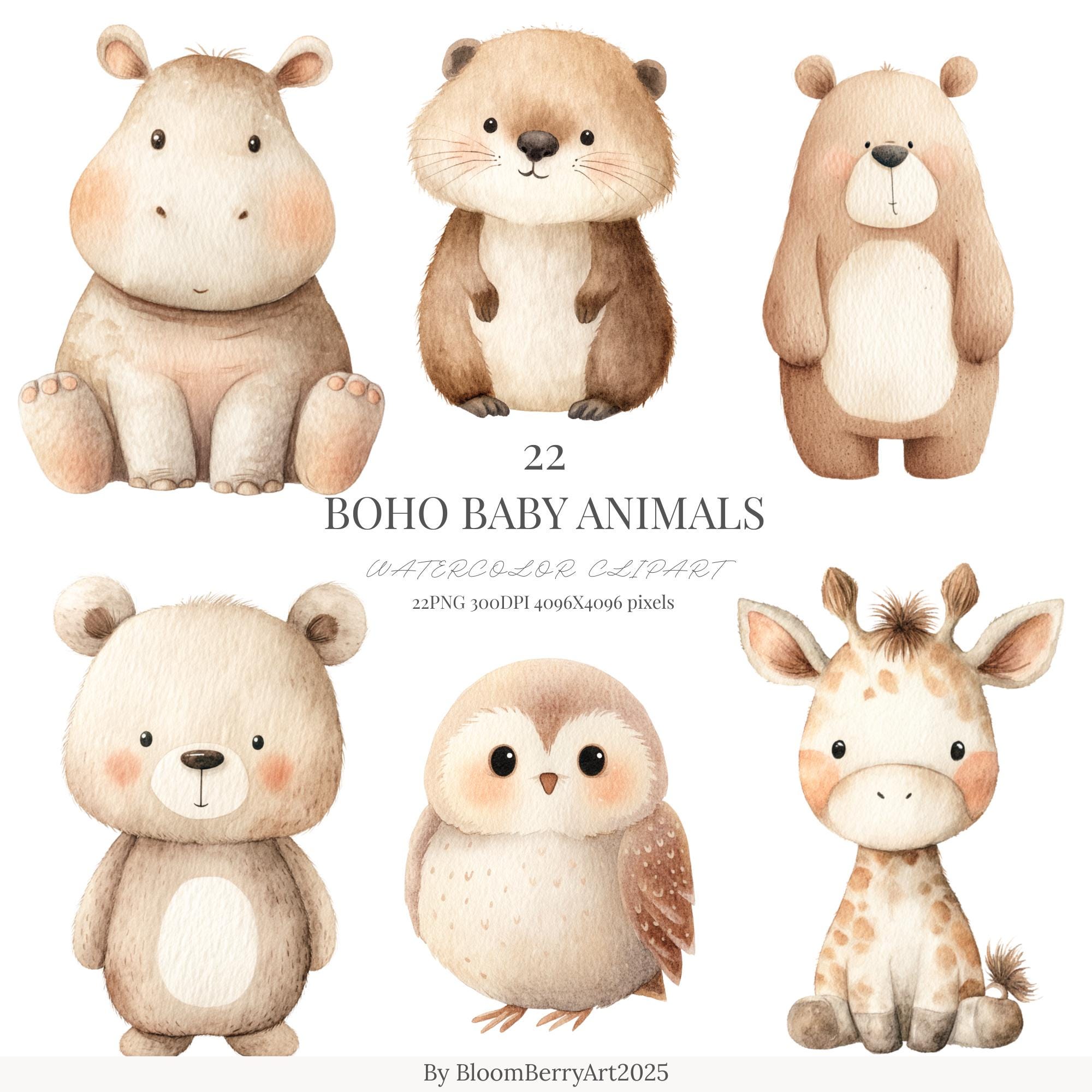 Boho Baby Animals Clipart Neutral Watercolor PNG Set Woodland Safari ...