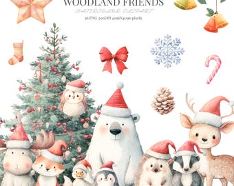 Watercolor Christmas Woodland Animals Clipart Cute Woodland Animals Winter Forest Baby Animals Holiday Woodland Clipart Digital Download
