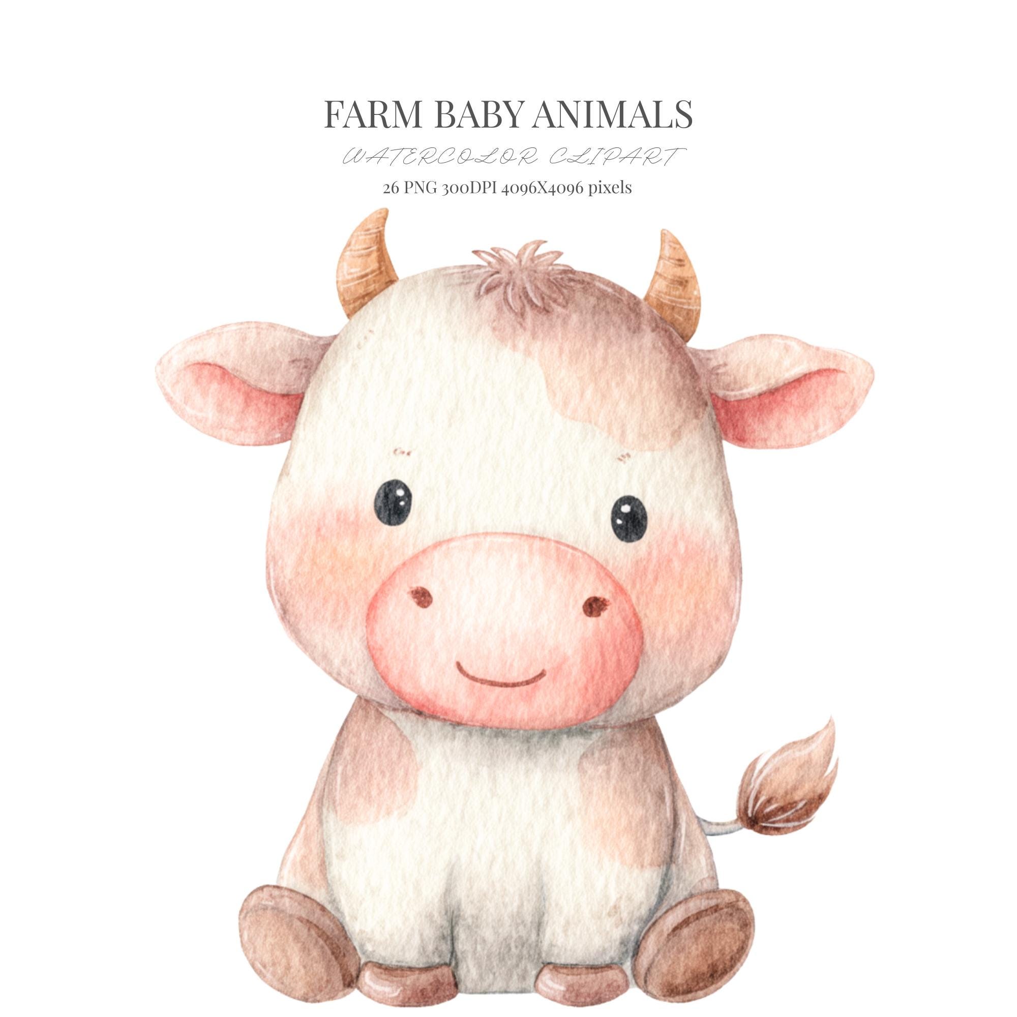 Cute Farm Baby Animals Clipart Watercolor Barnyard Baby Cow Pig Lamb ...