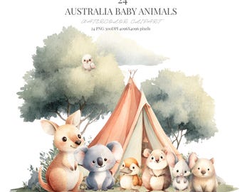 Puede incluir: Ilustración en acuarela de animales bebés australianos, como un canguro y un koala, frente a una tienda de campaña y árboles. Incluye el texto "24 AUSTRALIA BABY ANIMALS WATERCOLOR CLIPART". La obra está realizada en tonos suaves y naturales.