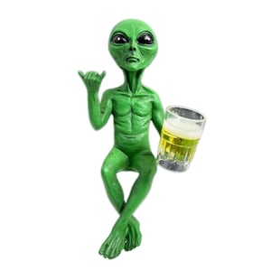 Alien with Beer Figurine Invasion &#39;Party Alien&#39; Male Hang Loose Beer Drinking Ledge Lounger 15 Inch Funny Home or Garden Statue