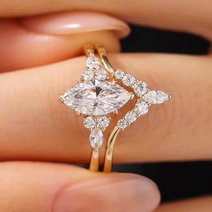 Zestaw pierścionków z brylantami o szlifie markiza 2CT, zakrzywiona obrączka ślubna, unikatowy pierścionek zaręczynowy z litego złota 10K/14K/18K, łączenie złota, minimalistyczny zestaw ślubny