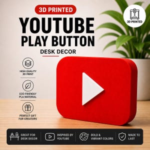 May include: A 3D-printed desk decor item shaped like the YouTube play button. The red button features a white play icon. The image includes text that says "3D Printed", "YouTube Play Button Desk Decor", and other details.