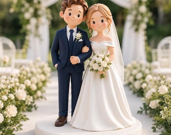 Custom Wedding Cake Topper, Handmade Polymer Clay Couple Figurine, Personalized Birthday Cake Topper