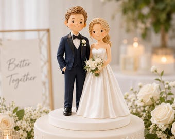 Custom Wedding Cake Topper, Handmade Polymer Clay Couple Figurine with Pet