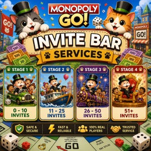 Monopoly GO Invite Bar Fill – 2,510 Dice, Purple Pack, Token & Shield 4 Stage