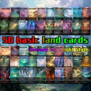 May include: A set of 50 basic land cards, each with a dreamy, soft, and light style design. The cards showcase various landscape illustrations with vivid colours and the word "Land". The text "50 basic land cards" is displayed prominently.