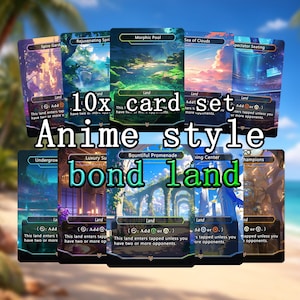 Puede incluir: Un conjunto de diez cartas de terreno estilo anime. Cada carta presenta una ilustración de paisaje única con texto. Las cartas se muestran sobre un fondo de playa tropical, con las palabras "10x card set Anime style bond land" superpuestas.