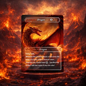 Puede incluir: Una carta coleccionable con un dragón rojo, titulada "Goldspan Dragon". La carta presenta un fondo ardiente y texto que describe sus habilidades, incluyendo Volar, prisa y la creación de fichas de Tesoro.
