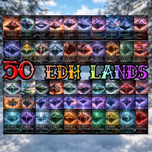 Könnte beinhalten: Eine Sammlung von 50 EDH Lands Karten, jede mit einer einzigartigen Fantasy-Landschaft mit schwebenden Inseln und lebendigen Farben. Die Karten sind in Reihen und Spalten angeordnet, mit dem Text "50 EDH LANDS" prominent dargestellt.