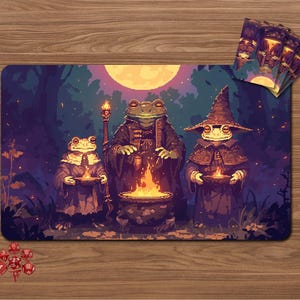 24 × 14 inches Playmat –Frog Coven Playmat, Pixel Art Frog Wizard TCG Sleeves, Moonlit Fantasy Trading Card Sleeves for MTG Pokémon YuGiOh！