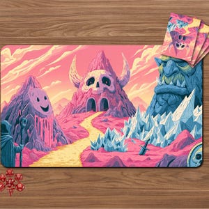 May include: A rectangular playmat featuring a fantasy landscape with a central mountain shaped like a skull with horns, a yellow path, a blue stone giant, and a hooded figure. Includes a set of red polyhedral dice and a small stack of matching cards.