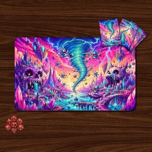 May include: A rectangular playmat featuring a vibrant fantasy landscape with a central blue tornado, floating islands, two large skulls, and small creatures. The scene is colored in shades of neon pink, purple, and blue. Includes matching card sleeves.