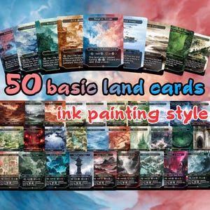 Könnte beinhalten: Eine Sammlung von 50 Basislandkarten im Tuschmalstil. Die Karten zeigen verschiedene Landschaften und enthalten Texte wie "Arid Mesa" und "Rougrin Trione". Der Text "50 basic land cards" ist in großen, farbigen Buchstaben dargestellt.