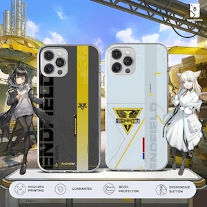May include: Two phone cases with anime-style graphics. One case is black with yellow stripes and the word "ENDFIELD" in large letters. The other is white with a yellow triangle design and the word "ENDFIELD". Both cases have a clear border.