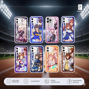 May include: Eight phone cases with anime character designs. Each case showcases a different character in bright colours. The cases are set against a stadium backdrop. Text on the image highlights high-res printing and bezel protection for the phone cases.