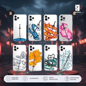 Peut inclure: Plusieurs coques de téléphone transparentes avec des motifs inspirés des mangas. Chaque coque présente un graphisme différent, notamment des épées, des vagues d'eau, du feu et des motifs abstraits en rouge, bleu et rose. Les coques ont le texte "HIGH-RES PRINTING", "GUARANTEE", "BEZEL PROTECTOR", et "RESPONSIVE BUTTON".