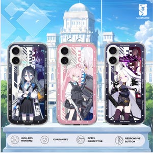 May include: Three phone cases featuring anime-style illustrations of characters from "Blue Archive." Each case has a different character design, with vibrant colors and detailed artwork. The cases are displayed on a white surface with a cityscape background.