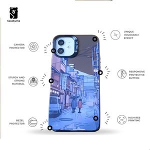 Op de afbeelding: Telefoonhoesje met een blauwe en paarse illustratie van een straatbeeld met mensen en gebouwen. De hoes heeft een camerabeschermer, bezelbeschermer en is gemaakt van stevig materiaal. De tekst "SO COOL" en "カラオケ" is aanwezig.
