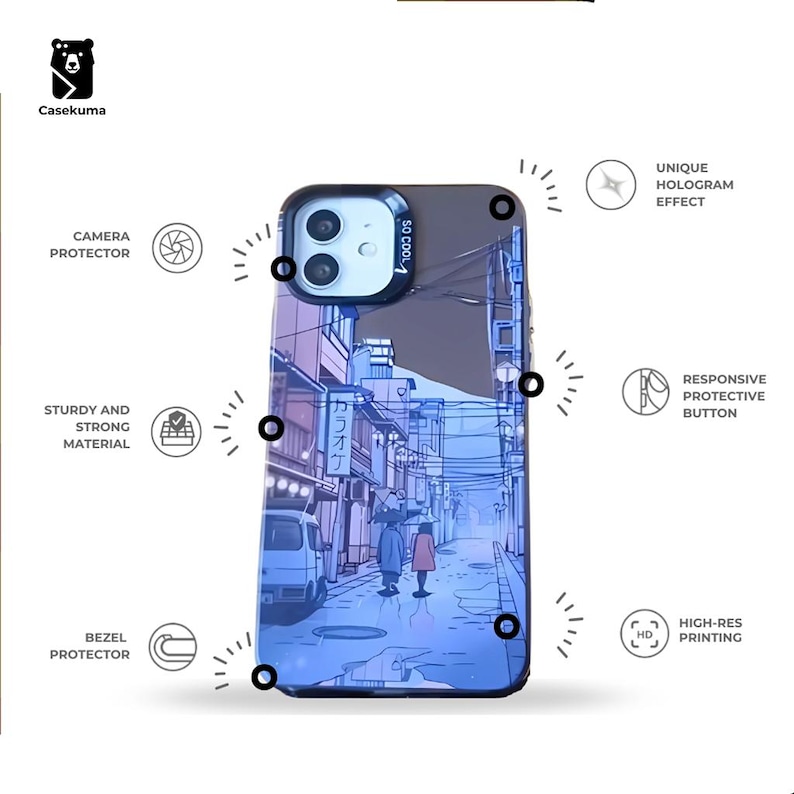 Op de afbeelding: Telefoonhoesje met een blauwe en paarse illustratie van een straatbeeld met mensen en gebouwen. De hoes heeft een camerabeschermer, bezelbeschermer en is gemaakt van stevig materiaal. De tekst "SO COOL" en "カラオケ" is aanwezig.