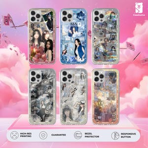 Puede incluir: Una colección de fundas transparentes para teléfonos con varios collages de fotos. Las fundas muestran imágenes de personas, flores y texto, con un fondo rosa y blanco. Las fundas tienen un protector de bisel y un botón sensible.