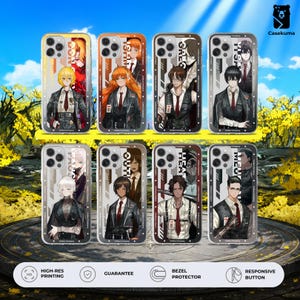 May include: Eight clear smartphone cases featuring anime-style character illustrations from Limbus Company. Each case displays a unique character in a formal uniform with a red tie, set against a vertical graphic background with text labels.