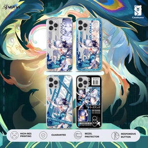 May include: Four clear phone cases with different designs. Each case features a character illustration in shades of white, blue, and teal. The cases have text that reads "STARRAIL", "XIADIOU SE", and "YAO QUANG". The background is a teal and blue peacock feather design.