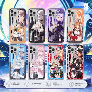 May include: A collection of phone cases featuring anime-style character illustrations. Each case has a unique design with vibrant colors and character names. The cases are displayed on a blue surface, with icons indicating high-res printing, a guarantee, bezel protection, and responsive buttons.