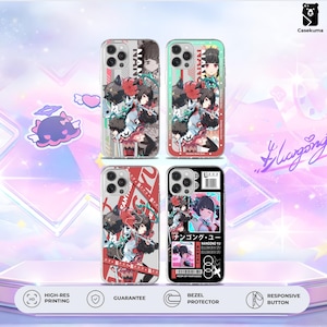 May include: Four phone cases with anime-style character designs. Each case features a different color scheme, including red, green, and black. The cases have text in Japanese and English, with the Casekuma logo in the top right corner.