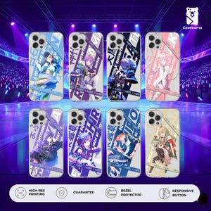 Könnte beinhalten: Transparente Handyhüllen mit Anime-Charakter-Designs. Jede Hülle zeigt einen anderen Charakter in leuchtenden Farben, mit japanischem Text und grafischen Elementen. Mit "HIGH-RES PRINTING", "GUARANTEE", "BEZEL PROTECTOR" und "RESPONSIVE BUTTON".