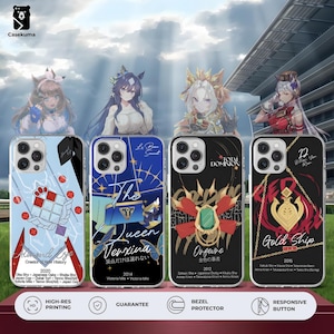 May include: Four smartphone cases featuring anime-style character illustrations and racehorse-themed graphics. Each case displays unique text, including 'Almond Eye', 'Verxina', 'Orfevre', and 'Gold Ship', alongside specific race years and event names.
