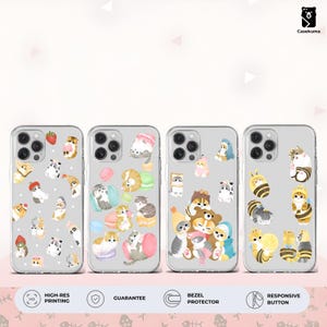 May include: Four clear phone cases with cat-themed illustrations. Each case displays a unique pattern of cartoon cats, macarons, and bees in various colours. The cases have the text "HIGH-RES PRINTING", "GUARANTEE", "BEZEL PROTECTOR", and "RESPONSIVE BUTTON".