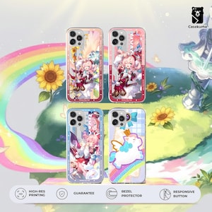 以下が含まれることがあります： カラフルなアニメスタイルのキャラクターデザインの携帯電話ケース4つ。赤いと白いドレスを着た女の子と虹の上のユニコーンの画像が特徴です。背景には、ヒマワリ、虹、そして「Herbal Star Roll」の文字が含まれています。