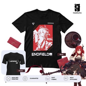 May include: Black t-shirt with a red and white anime graphic and the word "ENDFIELD". The image shows a front and back view of the shirt. The image includes the text "HIGH-RES PRINTING", "GUARANTEE", "SOFT FABRIC", and "NEAT STITCHING".