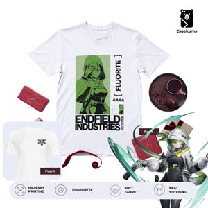 May include: White t-shirt with a green and black graphic of a character and the text "FLUORITE" and "ENDFIELD INDUSTRIES". The shirt has a small logo on the front and is labeled as high-res printing and soft fabric.