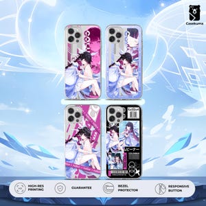 May include: Four clear phone cases with colorful anime-style graphics. Each case features a different design, including a seated character in a flowing outfit. The cases have a protective bezel and responsive buttons.