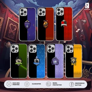 Puede incluir: Una colección de fundas para teléfonos con varios diseños. Cada funda presenta un diseño dividido con un color sólido en un lado y un fondo negro en el otro. Las fundas muestran diferentes escudos y emblemas, con el texto "Casekuma" en la esquina superior derecha.