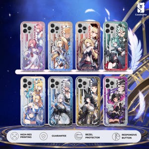 May include: Eight clear smartphone cases arranged in two rows, each featuring a unique anime-style character illustration and the text Zenless Zone Zero. The designs incorporate vertical stripes, varied color palettes, and camera lens cutouts.