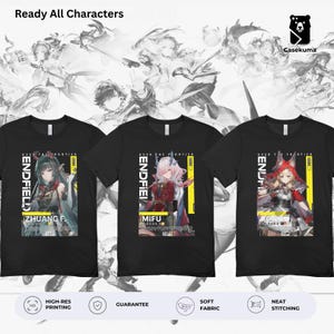 May include: Three black t-shirts featuring anime-style character illustrations with the text "OVER THE FRONTIER" and "ENDFIELD". Each shirt displays a unique character named "ZHUANG F.", "MIFU", or "ROSIE" with yellow accents and graphic design elements.