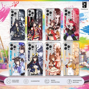 May include: A collection of clear phone cases featuring anime-style character designs. Each case showcases a different character with vibrant colors and unique outfits. The cases have the words "MAN", "VITA", "GENT", and "LOVE" printed on them.