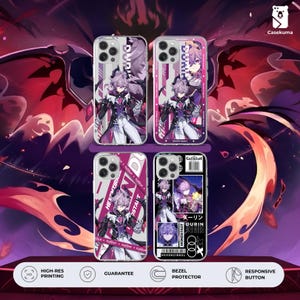 May include: Four clear phone cases with different designs featuring a purple anime character. The cases have a variety of graphics, including text and illustrations. The background is a dark, abstract design with red and purple hues.