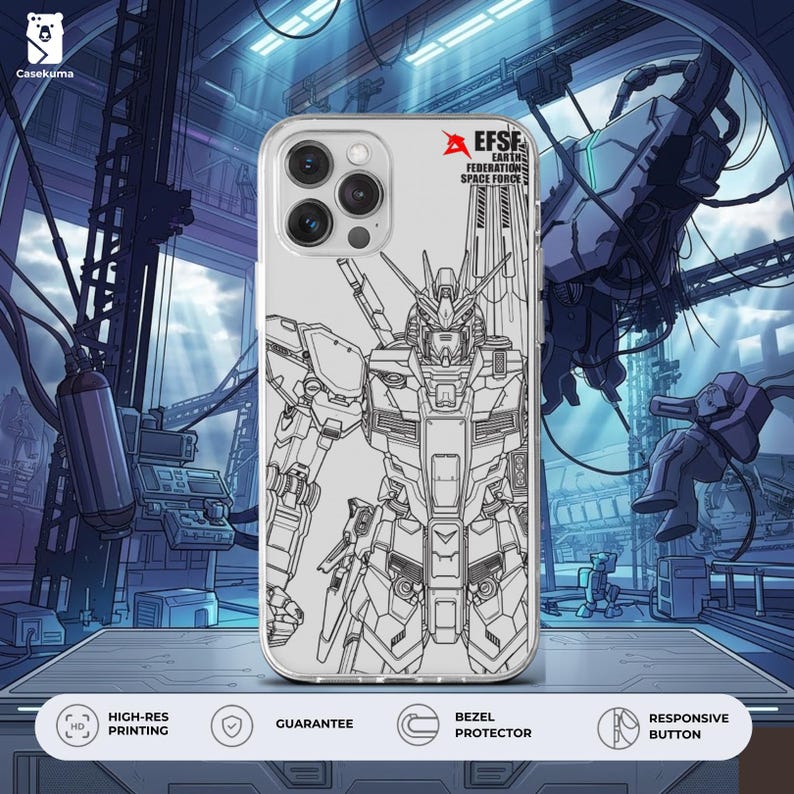 Op de afbeelding: Transparante telefoonhoes met een zwart-witte illustratie van een robot. De hoes toont de tekst "EFSF EARTH FEDERATION SPACE FORCE". Andere teksten zijn "HIGH-RES PRINTING", "GUARANTEE", "BEZEL PROTECTOR" en "RESPONSIVE BUTTON".