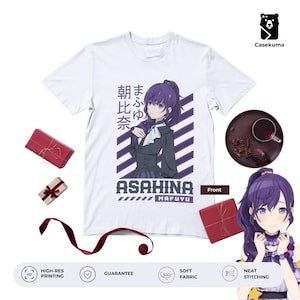 May include: White t-shirt with a purple-haired anime character design, Japanese text, and the name "ASAHINA MAFUYU". The shirt has a front graphic and is from Casekuma. The image also shows wrapped gifts and a cup of tea.