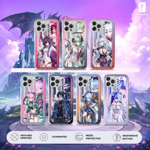 May include: Seven smartphone cases featuring anime-style character illustrations with varied color palettes and vertical text accents. Each case includes a camera cutout, protective bezel, and responsive button covers, displayed against a fantasy landscape.