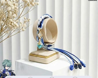 Lohan Genshin Impact Bracelet Lohen Favonius Knight Satin Braided Cord Gold Flower Teal Gem Charm Jewelry Adjustable Gift Gamer Cosplay Fan