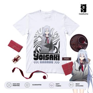 May include: White t-shirt with a graphic of an anime character with blue hair, a grey jacket, and a red tie. The text "YOISAKI KANADE" is below the image. The shirt has a soft fabric and neat stitching.