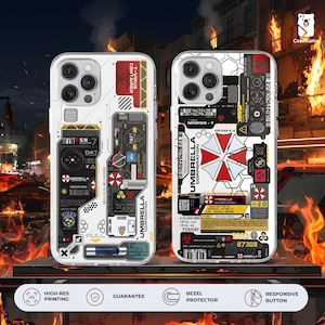Puede incluir: Dos fundas blancas para teléfono con un diseño técnico detallado. Una funda presenta el texto "T-VIRUS CONTAINER" y "NEMESIS". La otra muestra el logotipo de Umbrella Corporation y el texto "TYRANT". Ambas fundas tienen una estética futurista y de ciencia ficción.