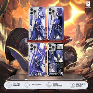 Könnte beinhalten: Vier Handyhüllen mit Charakterdesigns im Anime-Stil. Die Hüllen haben ein blaues und weißes Farbschema mit dem Wort "PRON" und japanischem Text. Die Hüllen werden auf einer metallischen Oberfläche mit einem futuristischen Hintergrund angezeigt. Die Hüllen haben die Wörter "FROSTFALL SICK" und "PROMEIA ANOMALY".